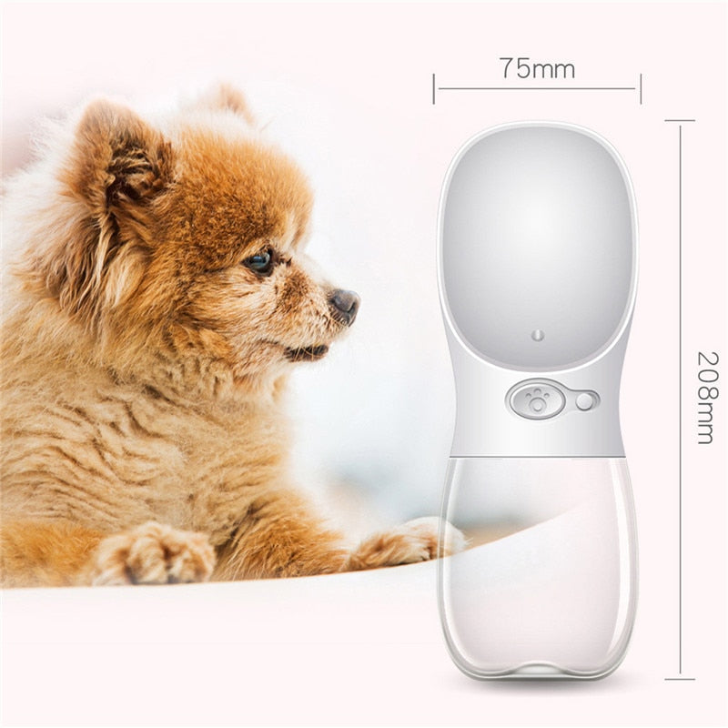 Portable pet water bottle with filter, white bottle with size dimensions shown