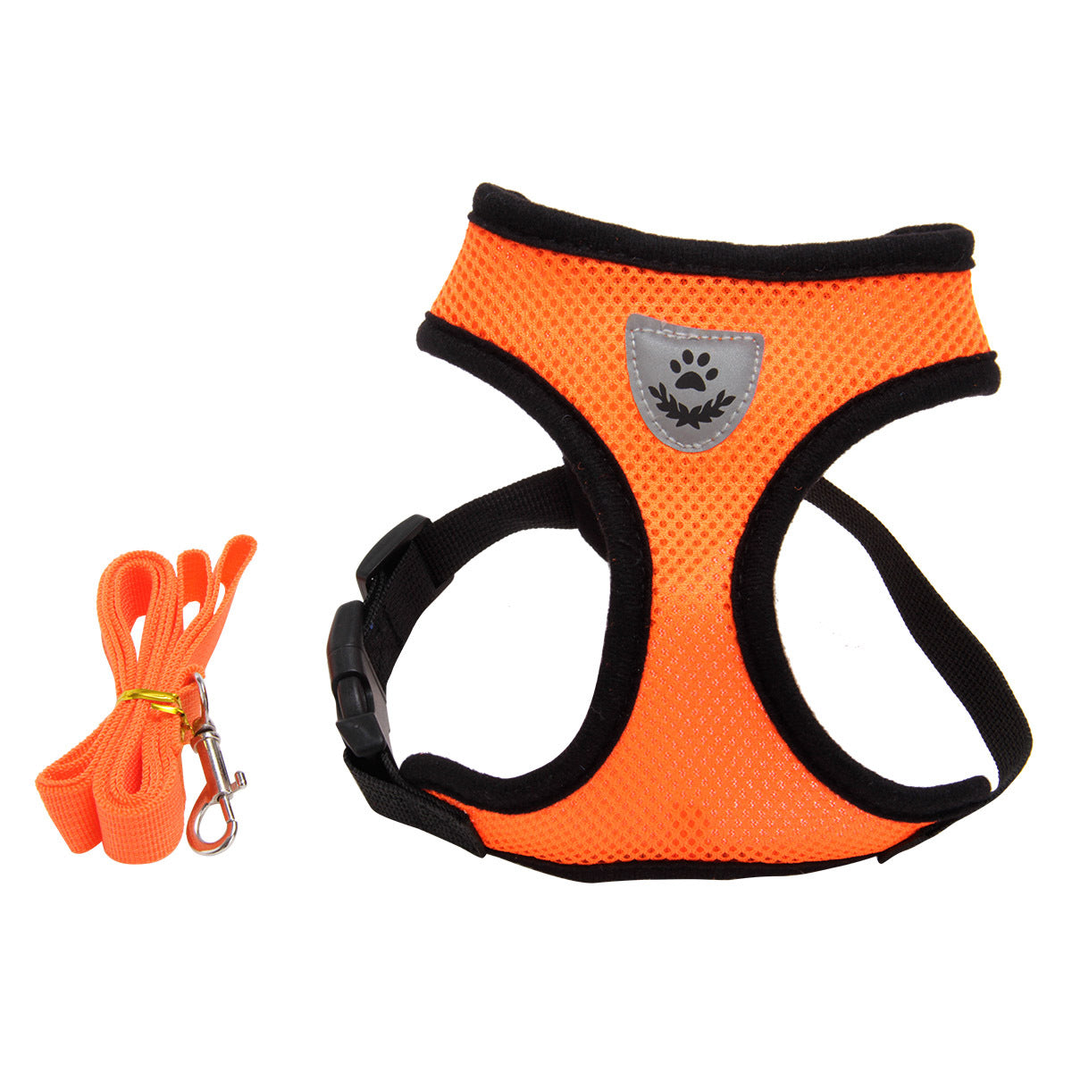 Orange breathable mesh dog harness with paw badge and orange leash