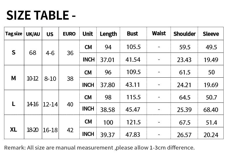 Size chart table with length, bust, waist, shoulder, and sleeve for S–XL