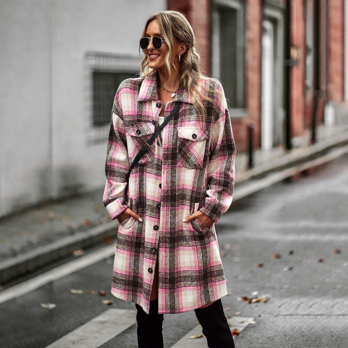 Pink plaid long cardigan coat with button front, collar, and chest patch pockets