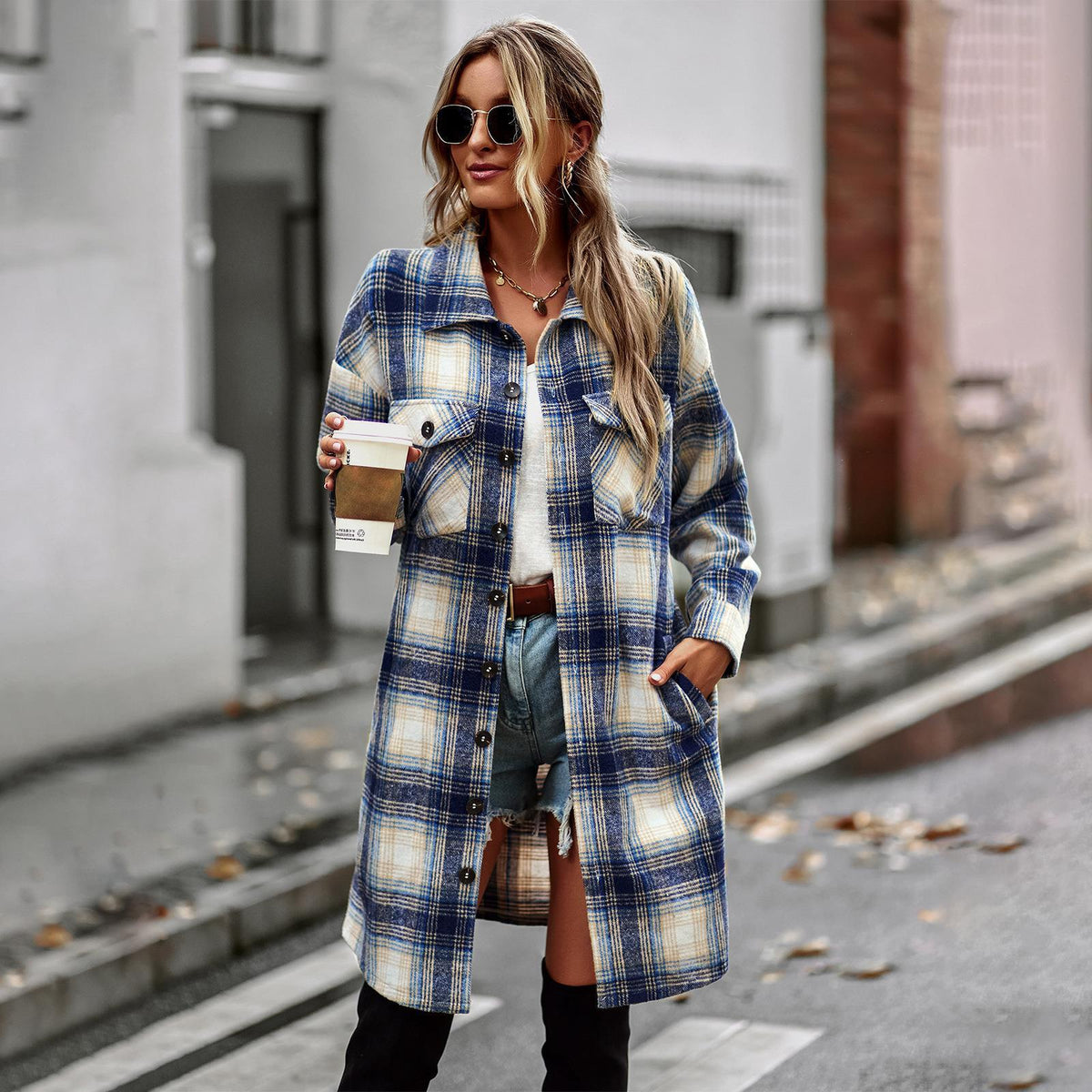 Women's slim fit plaid cardigan coat in blue check, button front, long sleeves