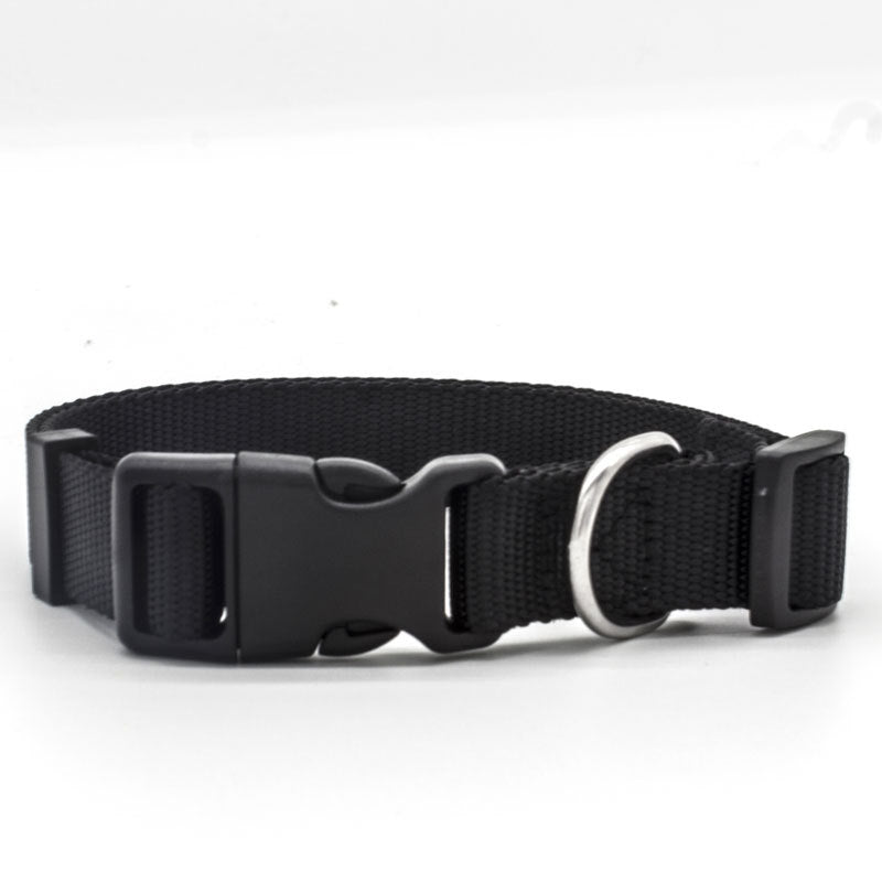 Black adjustable pet collar with metal D-ring and side-release buckle