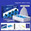 Magnetic chess game set with blue board, black pieces, storage bag, rope and manual.