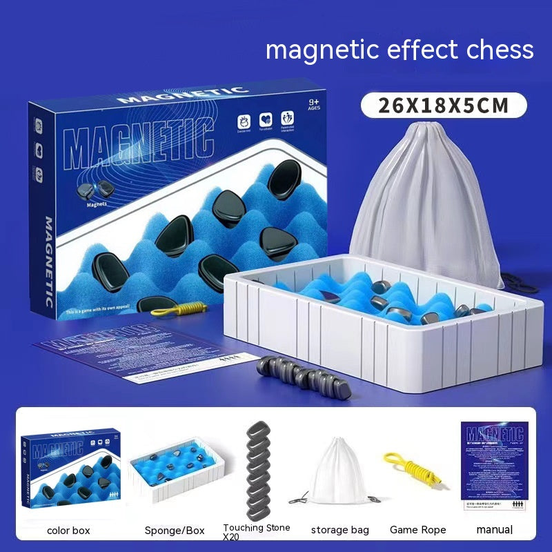 Magnetic chess game set with blue board, black pieces, storage bag, rope and manual.