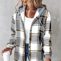 Women’s plaid hooded jacket, gray with brown plaid stripes, button front and pockets
