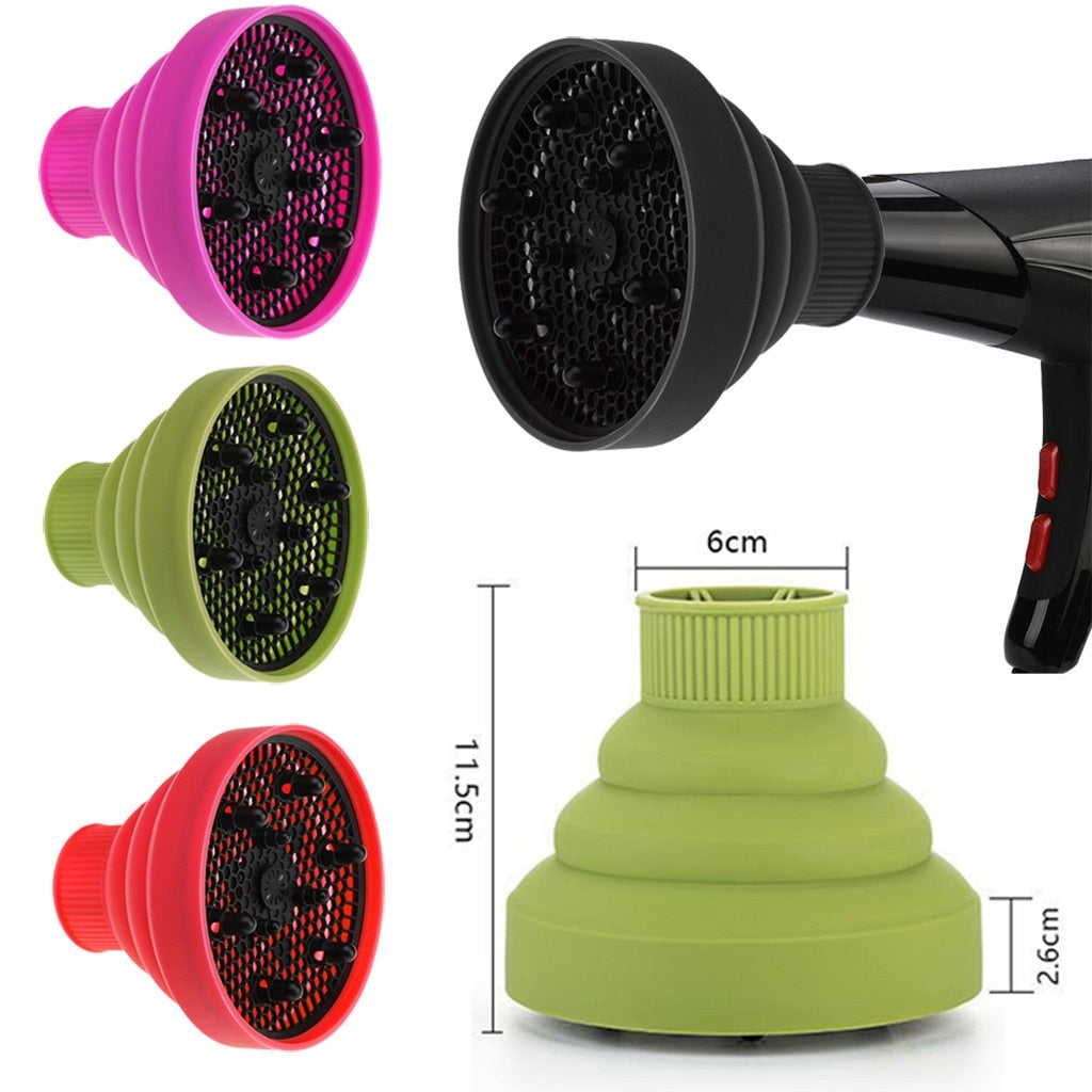 Silicone folding hair diffuser combo in pink, black, green, and red with black mesh