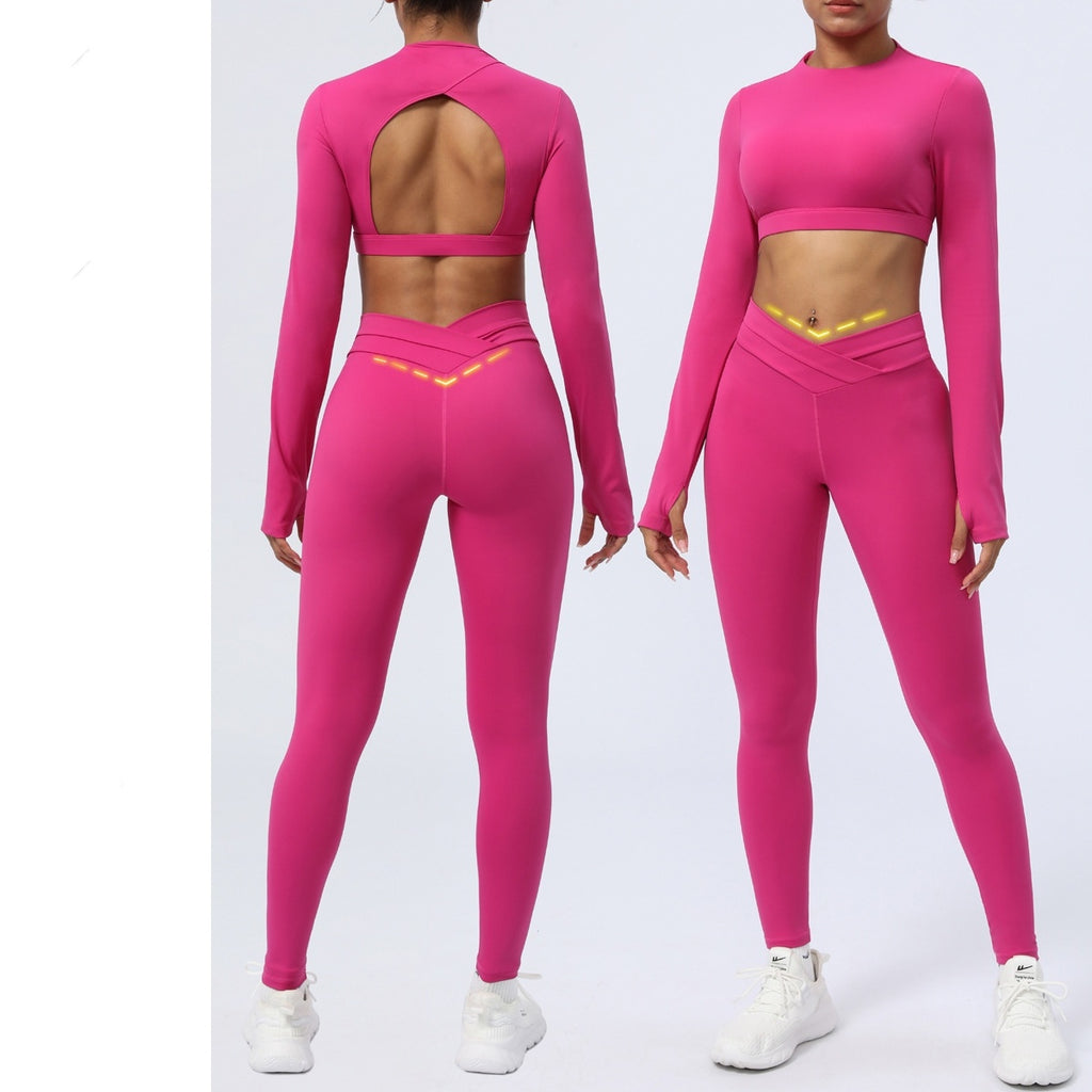 Nude Feel Cross Strap Workout Suit Set Cropped Pants Pullover Nylon Ammonia Double Sided Fabric Light Brown