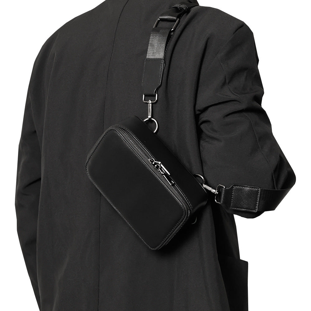 Korean Casual Men's Horizontal Crossbody Bag PU Leather Waterproof Black for Leisure Travel with Sewing Line Detail
