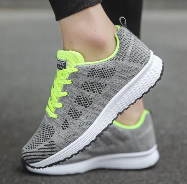 Women’s mesh wedge sneakers, gray with neon green laces and white sole