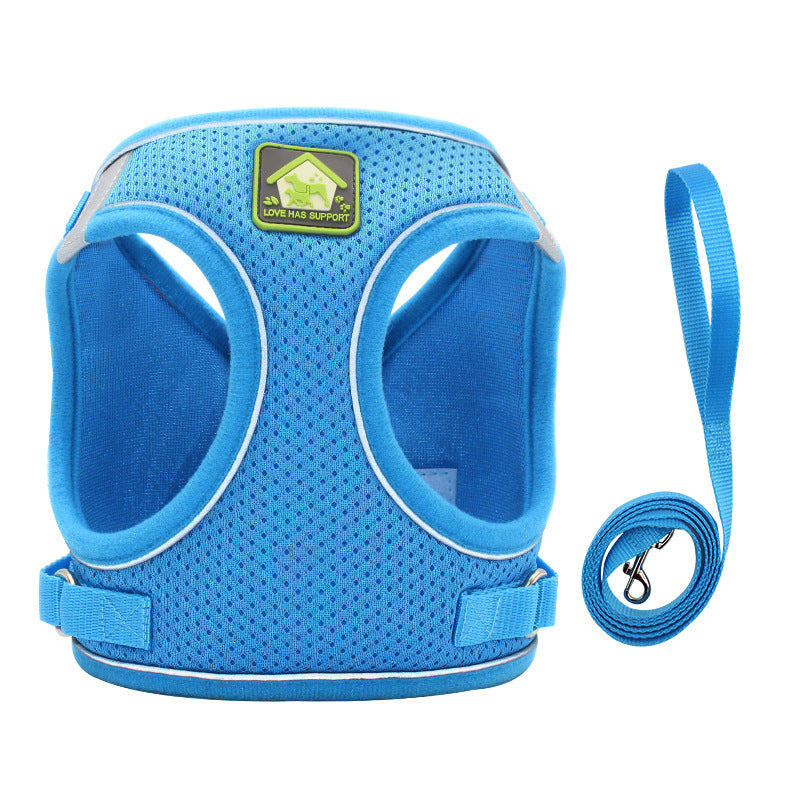 Light blue cat harness vest with attached blue leash and adjustable side straps