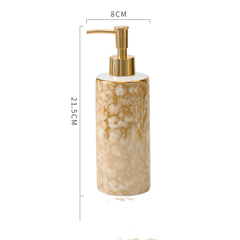 Beige marble ceramic lotion soap dispenser bottle with gold pump, 21.5 cm tall