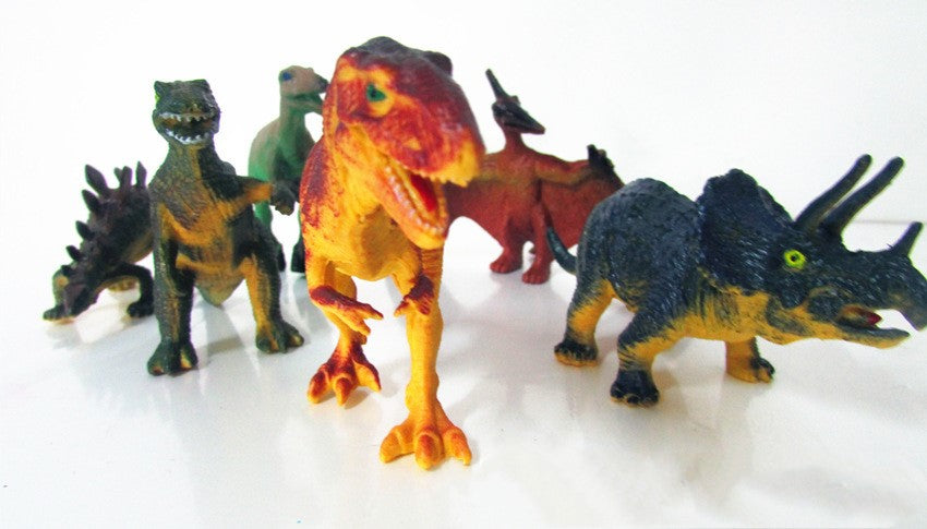 Dinosaur model toy set featuring red-orange and blue-gray dinosaur figures in a row