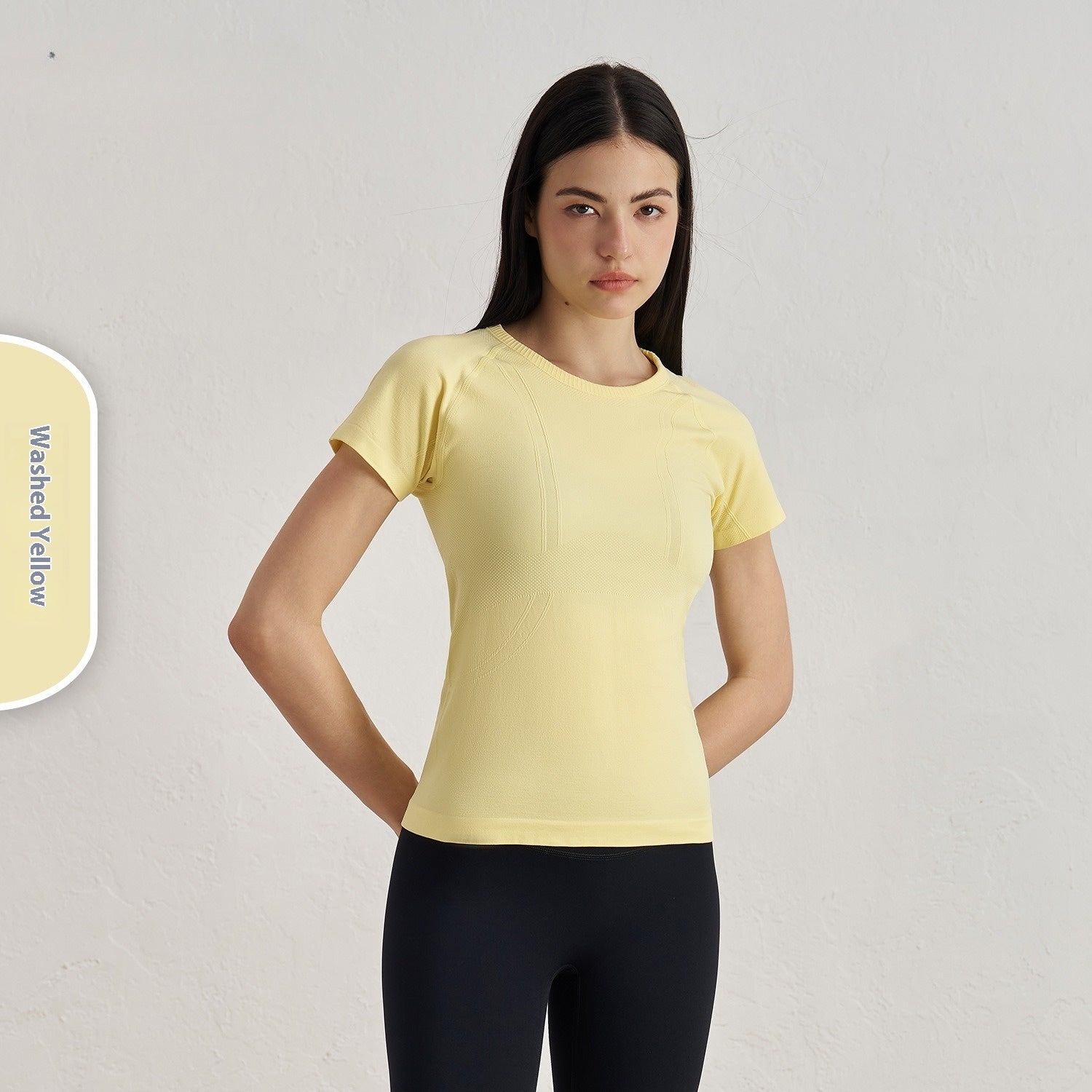 Seamless Antibacterial Nude Feel Slim Fit Yoga Jacket Short Sleeve Hip Length Elastic Breathable