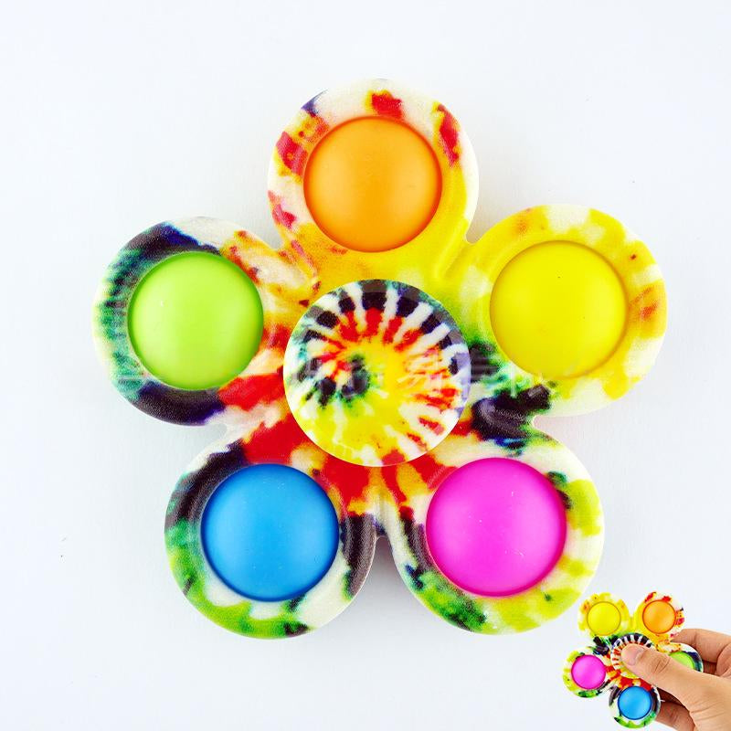 Tie-dye fidget spinner with six bright button tips in yellow, green, blue, pink, orange.