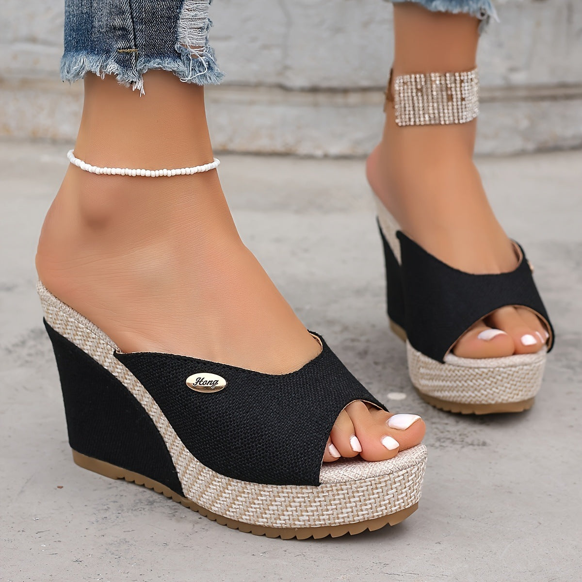 Women's Black Wedge Heels With Buckle Details - Stylish And Generous