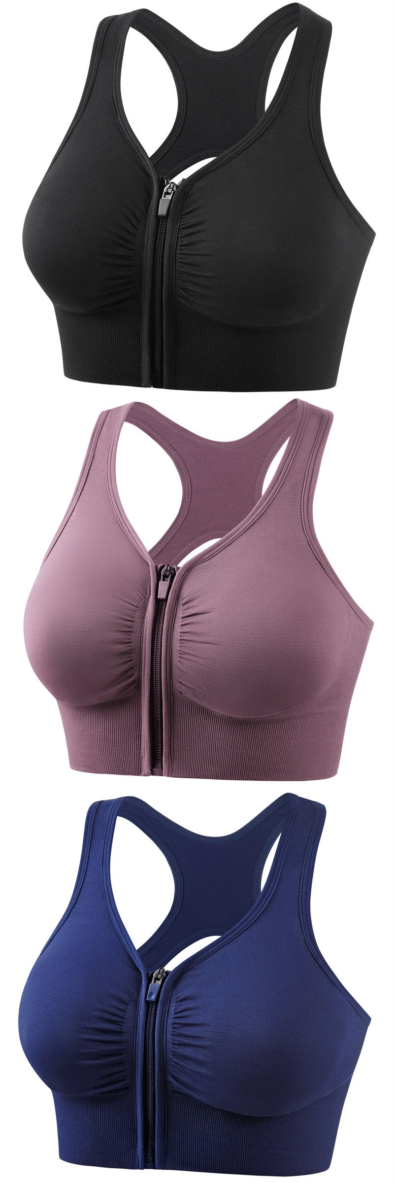 Women's full-cup zip-front sports bras in black, mauve, and navy blue
