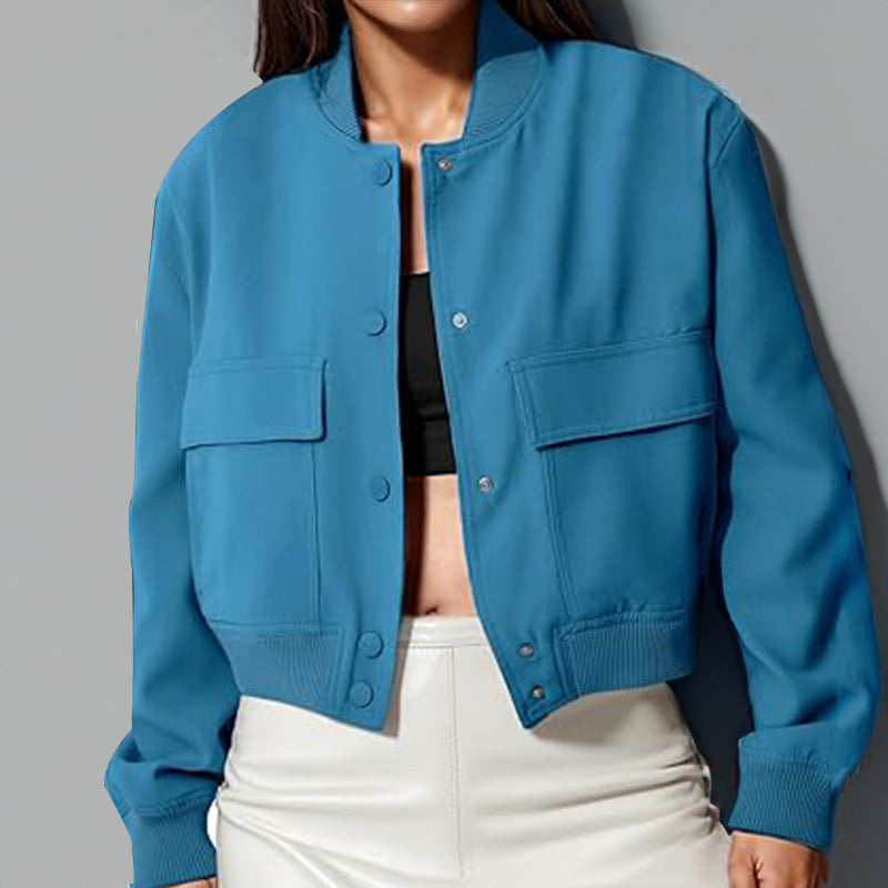 Bright blue button-up stand-collar jacket with flap chest pockets and ribbed cuffs