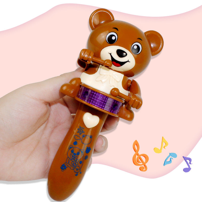 Brown bear baby music stick toy in hand with purple drum