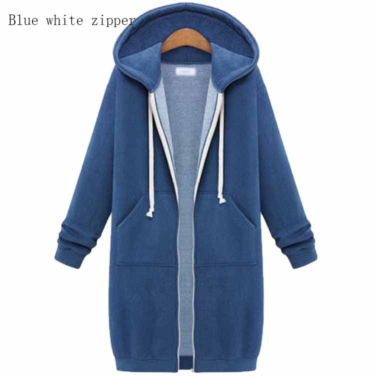 Blue long zip-up hoodie fleece jacket with white zipper accents, drawstring hood, pockets