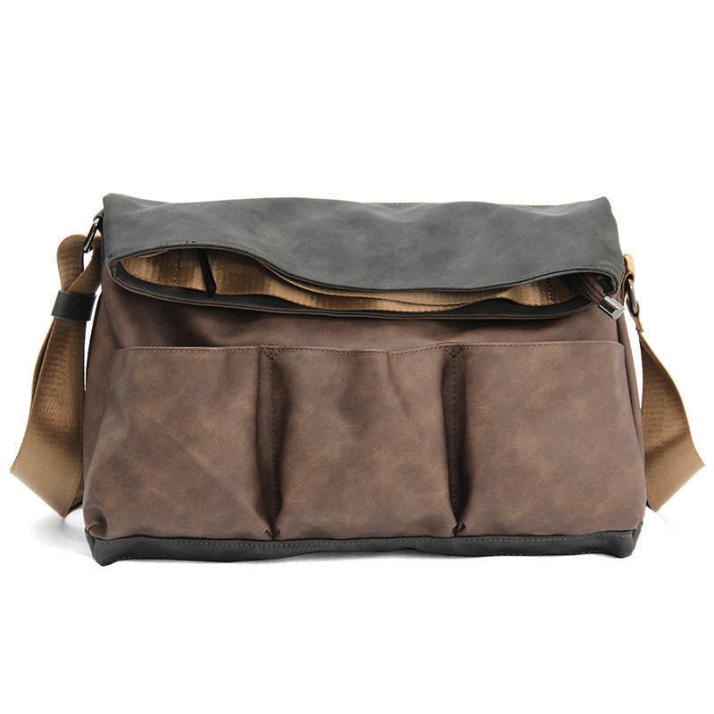 Mens Shoulder Messenger Bag Outdoor Gym Bag For Travel PU Material Wear Resistant Storable Gray Brown