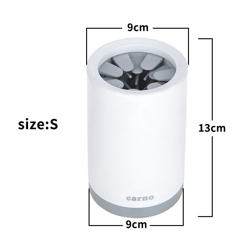 Dog paw cleaner cup (Size S) white body with gray silicone bristles, 13 cm tall