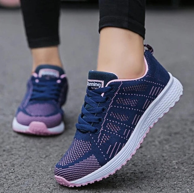 Women’s mesh wedge sneakers, navy knit mesh with pink-lavender lace and white sole