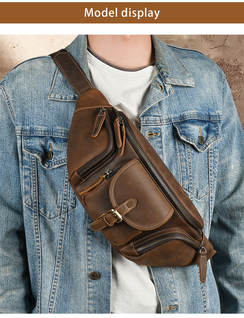 Brown Genuine Leather Chest Bag For Men Retro Multifunctional Motorcycle Satchel With Sewn Detailing