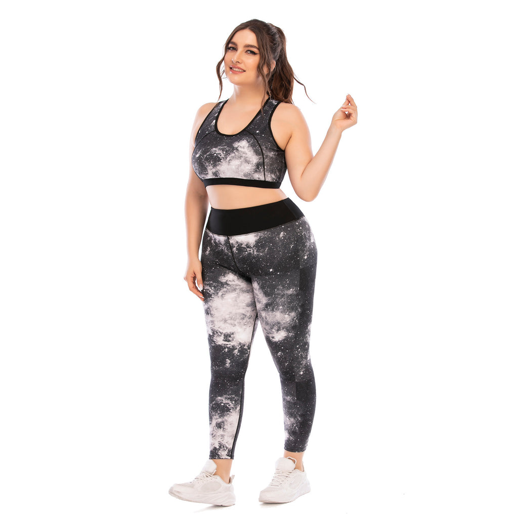 Plus Size Workout Set Yoga Clothes Print Gray Polyester Tight Fitting Pants And Sports Bra