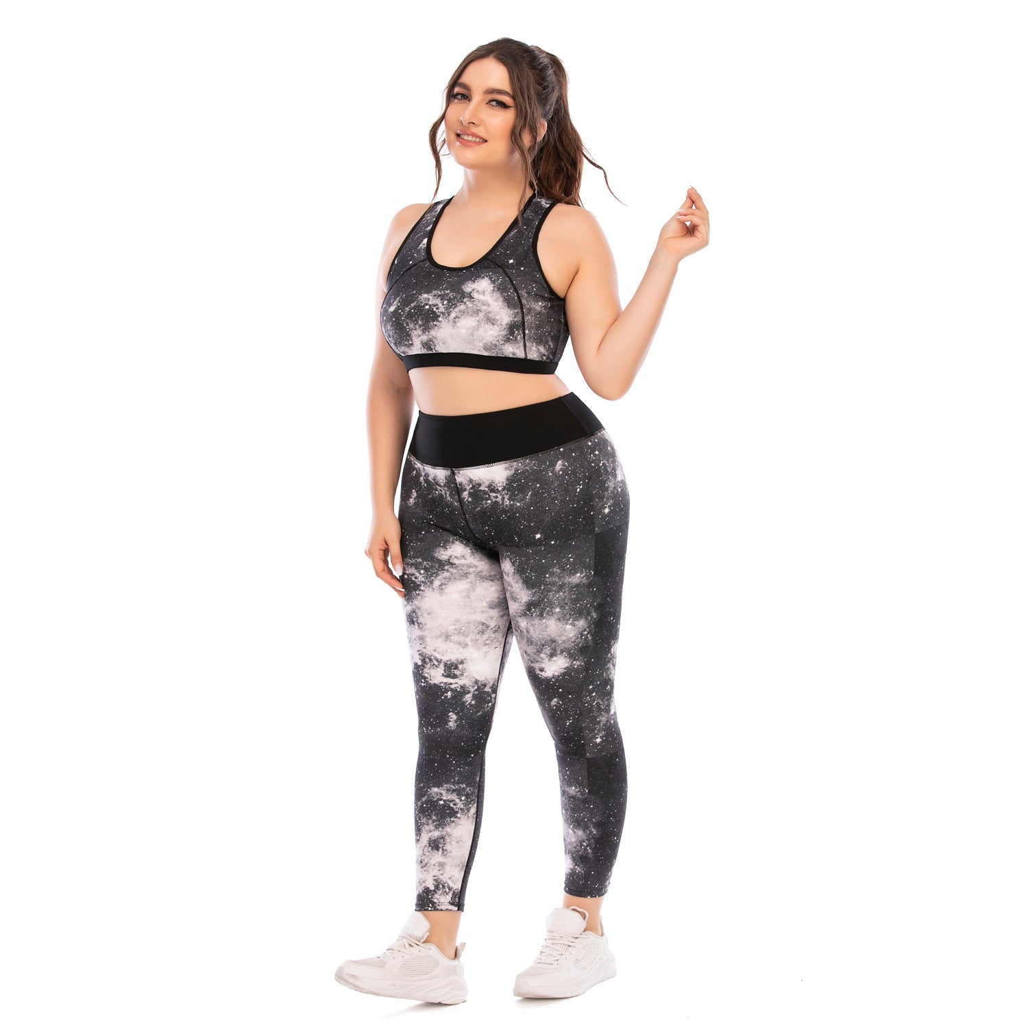 Plus Size Workout Set Yoga Clothes Print Gray Polyester Tight Fitting Pants And Sports Bra