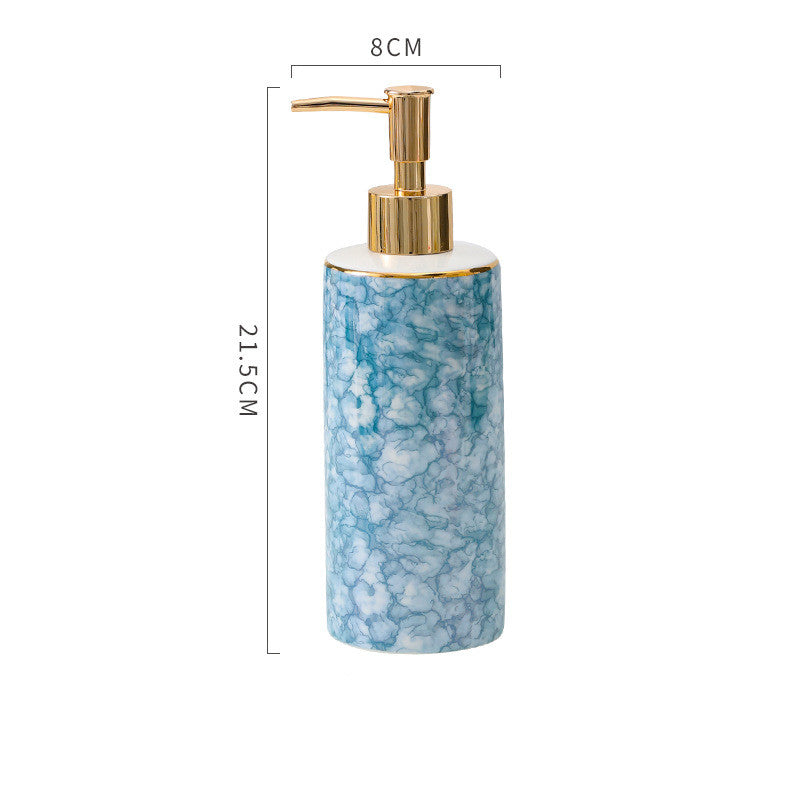 Blue marble ceramic lotion soap dispenser bottle with gold pump, 21.5 cm tall