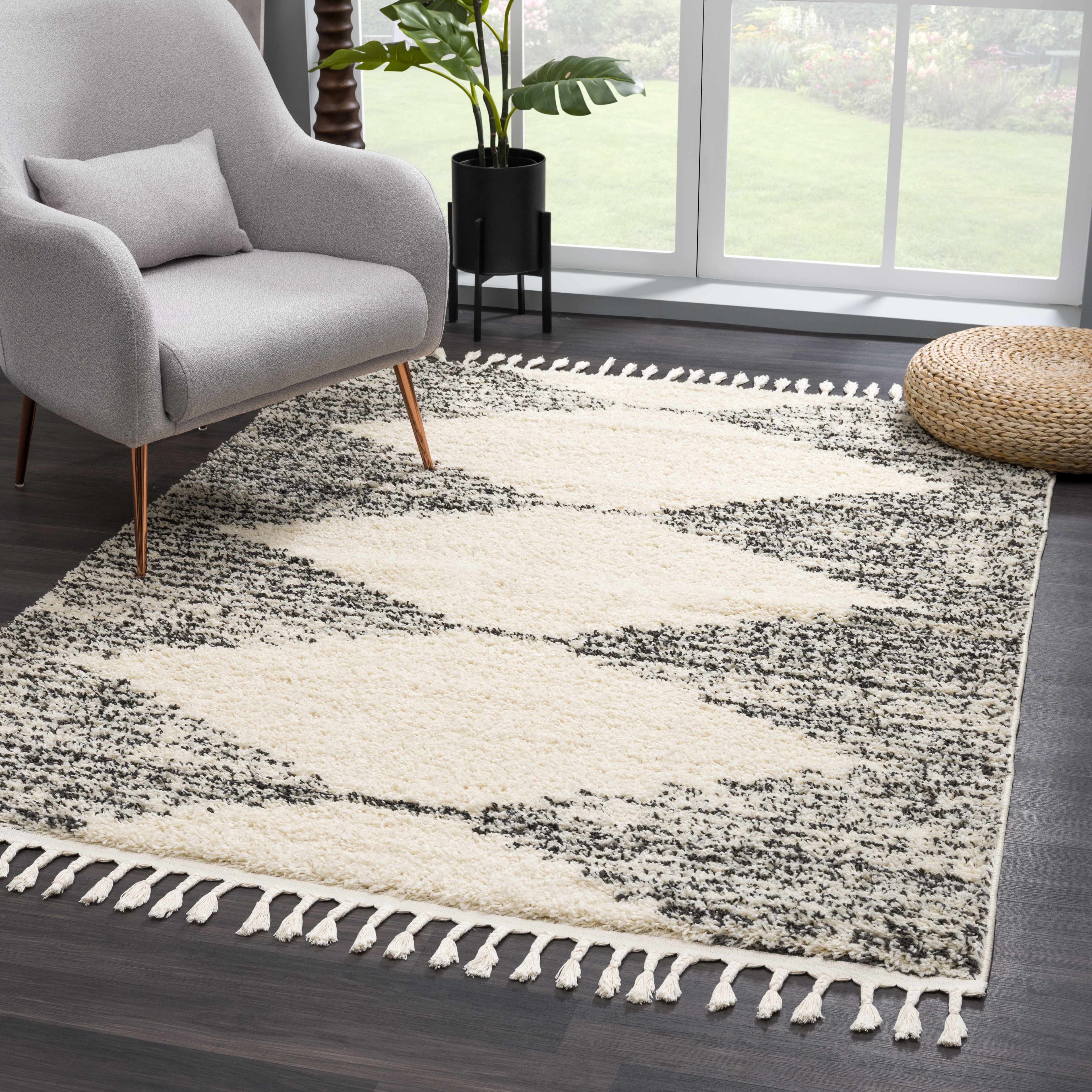 Howth Plush Shag Area Rug with Fringe – Gray, Beige & Black Contemporary