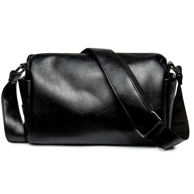 Mens Korean Style Casual Shoulder Messenger Bag Black PU Leather with Soft Inner Lining Front Pocket and Single Strap