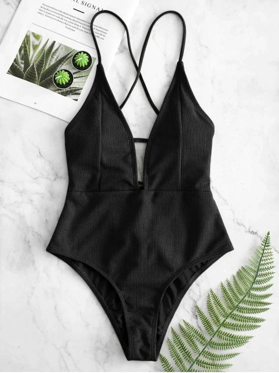 Women's European And American Swimwear Solid Color Lace-up One-piece Swimsuit