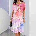 Women’s short-sleeve below-the-knee dress, pink and purple abstract print