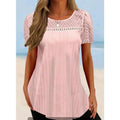 Women's lace patchwork pullover top, light pink short sleeves with patterned yoke detail