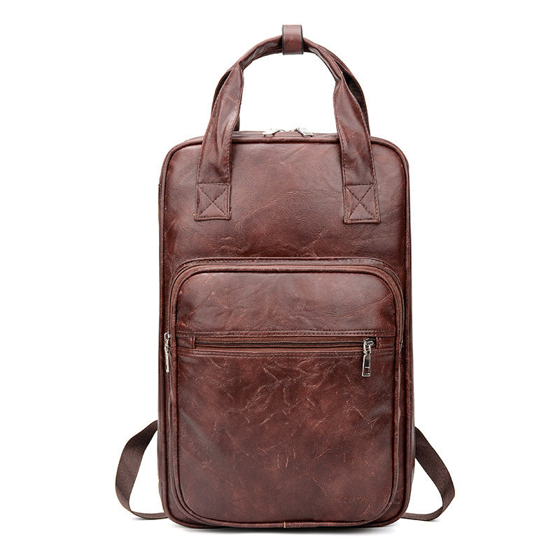 Simple Thick PU Leather Waterproof Backpack Retro Style for Men and Women Black Brown