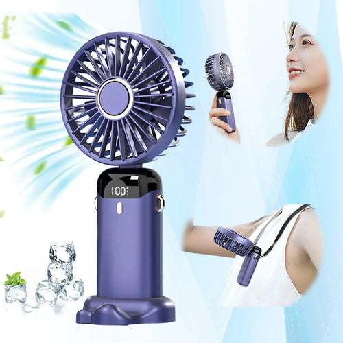 Purple portable mini fan with LED display, standing base and adjustable grille