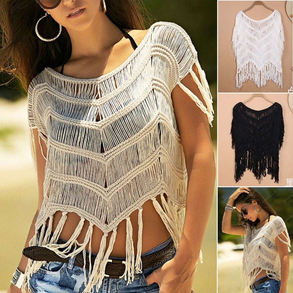 Bohemian Beach Cover-Up - Hand Crocheted Tassel Patchwork Top
