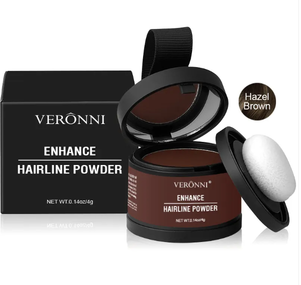 Hairline powder concealer in Hazel Brown shade with black compact and applicator puff