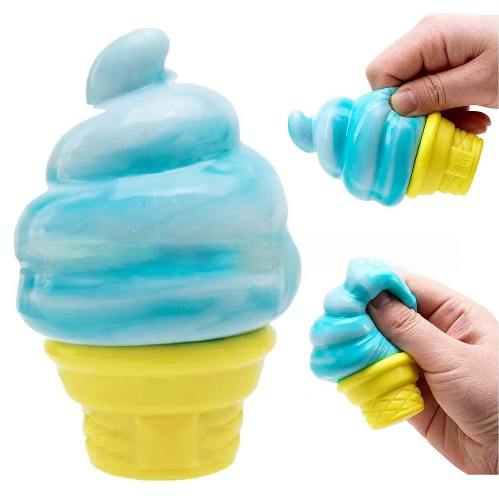 Blue ice cream-shaped stress toy with yellow cone, squeezed by hands