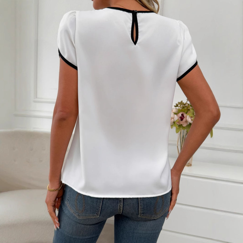 Women's Loose Color Contrast Shirt Short Sleeve With Ruffles For Casual Office Work Wear Vintage Glamorous Top