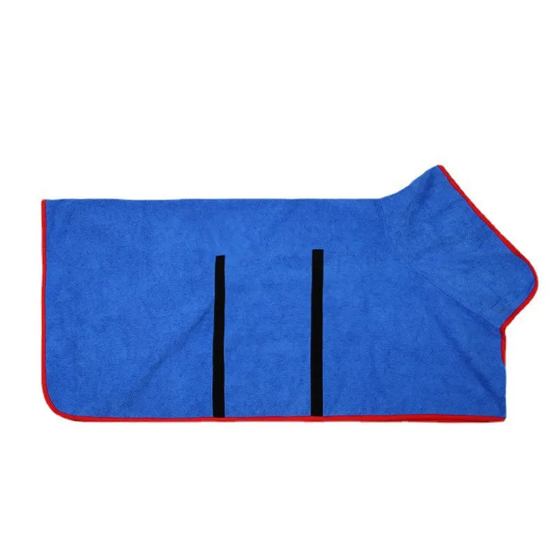Blue pet bathrobe fast-drying towel with black straps and red edge trim