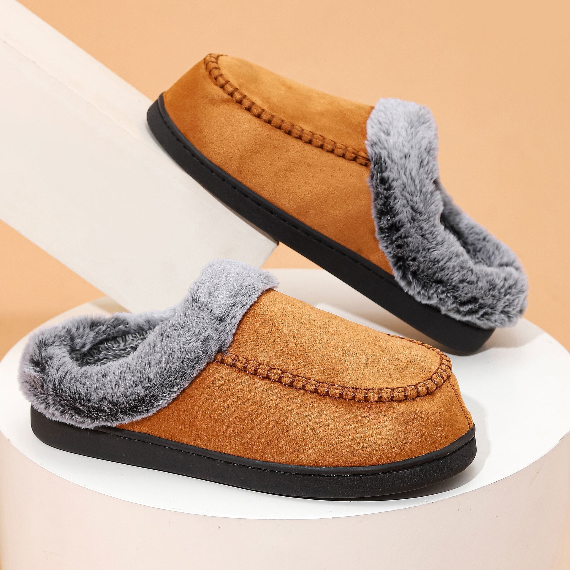 Unisex Plaid Fleece-Lined Slippers – Non-Slip Thickened Indoor Outdoor Shoes | EU 40–49