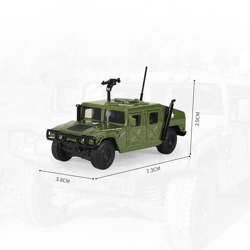 Green alloy military model toy vehicle with turret and antenna, size diagram