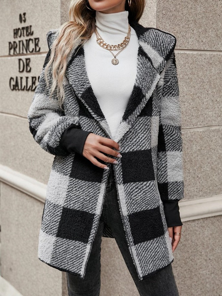 Black and light gray plaid knitted cardigan with open front and long sleeves