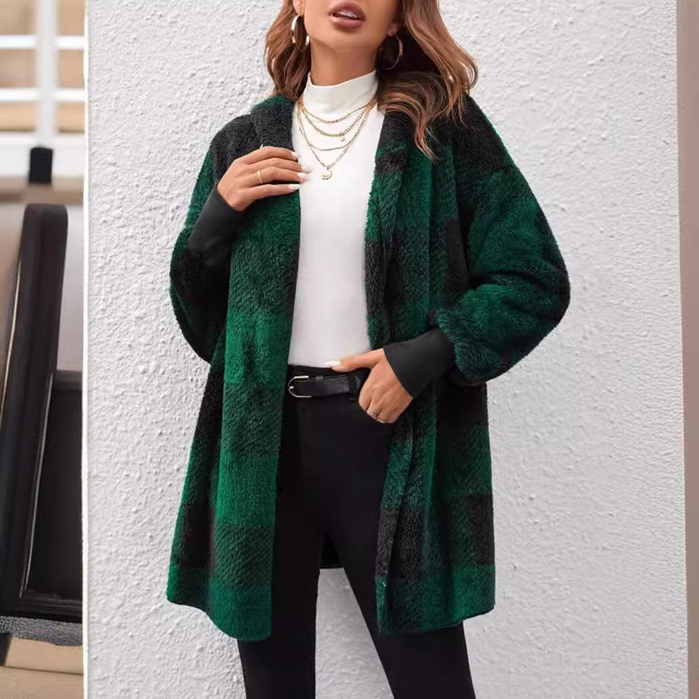 Green and black plaid knitted cardigan with open front and long sleeves