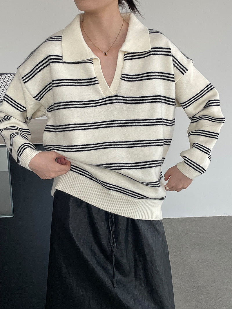 Korean Style Idle Style Polo Collar Loose Striped Knitted Sweater