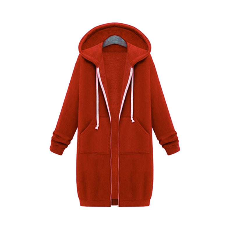 Red long zip-up hoodie fleece jacket with drawstring hood and front patch pockets