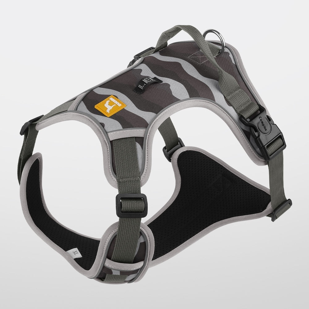 Reflective dog harness, gray camo with light gray edging and adjustable front straps