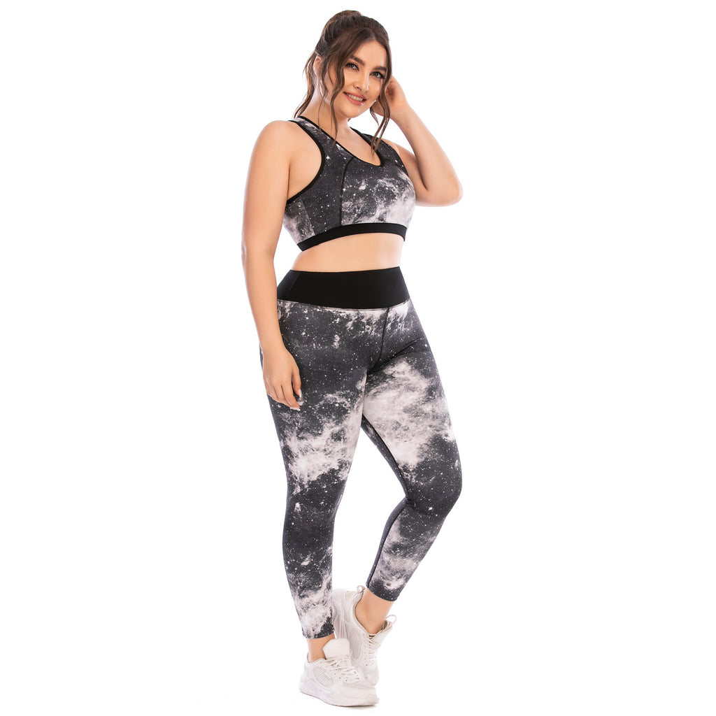 Plus Size Workout Set Yoga Clothes Print Gray Polyester Tight Fitting Pants And Sports Bra